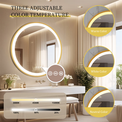 Golden Frame Round Backlit Mirror, Anti Fog, Three Colors Smart LED Bathroom Mirror