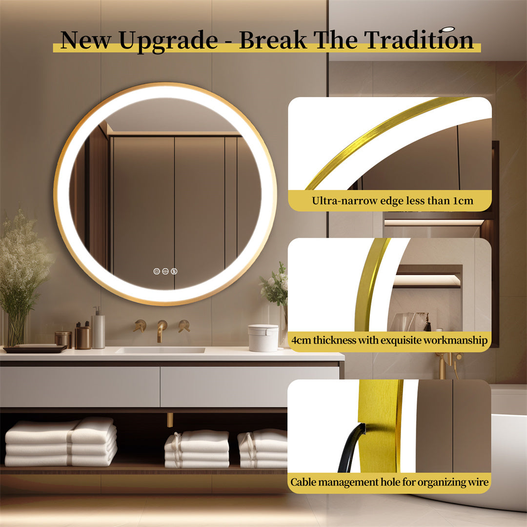 Golden Frame Round Backlit Mirror, Anti Fog, Three Colors Smart LED Bathroom Mirror