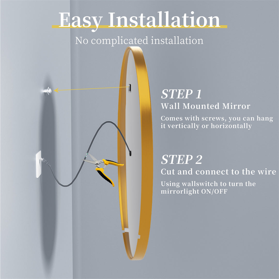 Golden Frame Round Backlit Mirror, Anti Fog, Three Colors Smart LED Bathroom Mirror