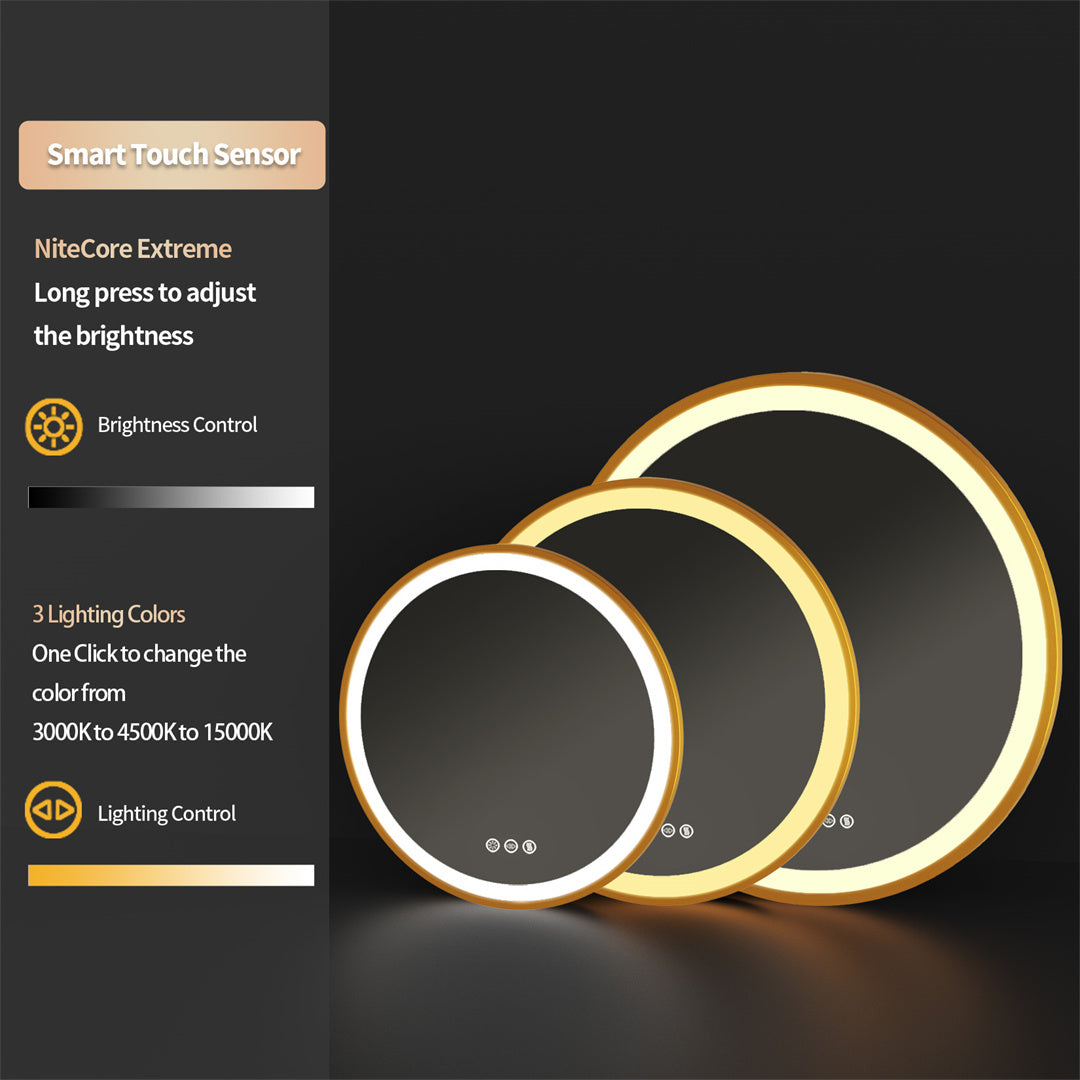 Golden Frame Round Backlit Mirror, Anti Fog, Three Colors Smart LED Bathroom Mirror