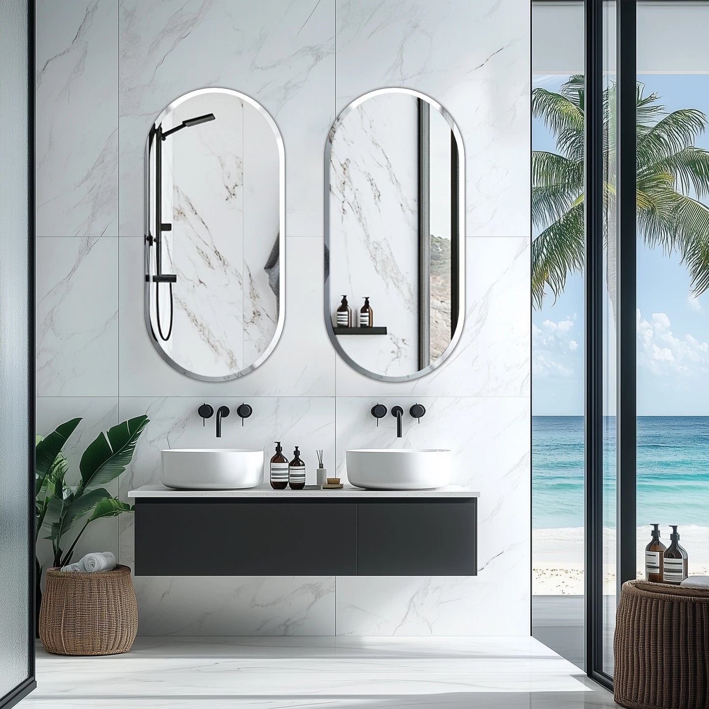 Long Oval Bathroom Mirror, Classic Vanity Mirror with Beveled Edge.