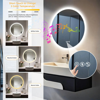 80cm Round LED Bathroom Mirror with Bluetooth Speakers – Wall-Mounted Lighted Vanity Mirror with Anti-Fog Function