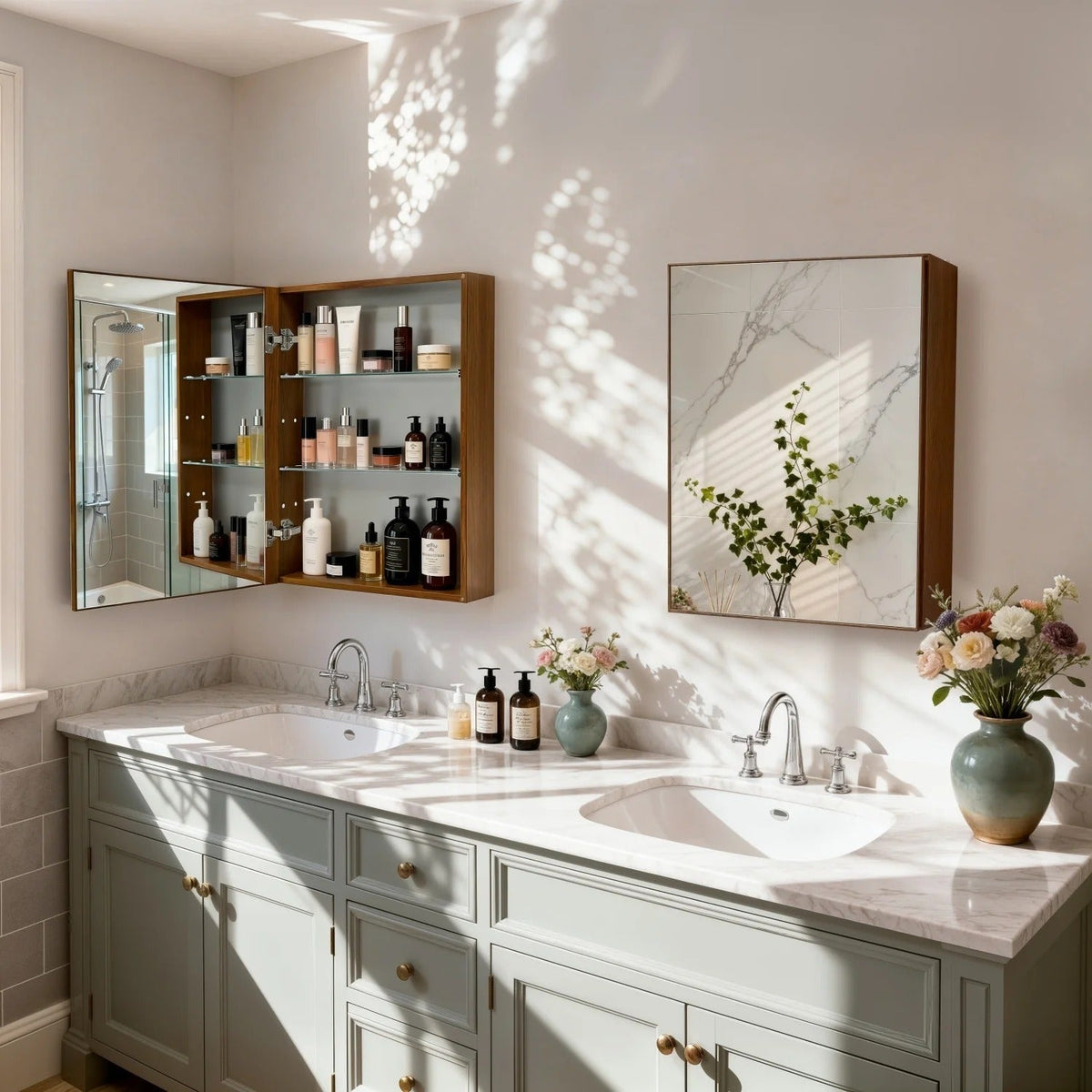 Walnut-Effect Bathroom Mirror Cabinet with Sensor Light – 4 Sizes