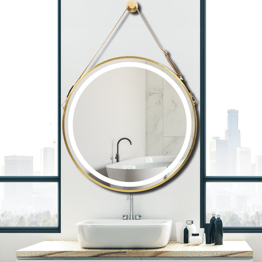 Golden Frame with Rope Round Mirror,Bathroom Mirror with Front Light,Wall Mounted Lighted Vanity Mirror, Anti-Fog & Dimmable Touch Switch