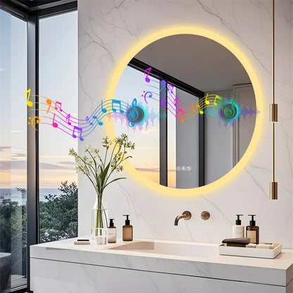 80cm Round LED Bathroom Mirror with Bluetooth Speakers – Wall-Mounted Lighted Vanity Mirror with Anti-Fog Function