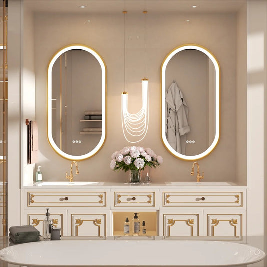 Frontlit Oval LED Mirror, Gold Aluminum Frame, Defog, 3 Colors and Memory Function