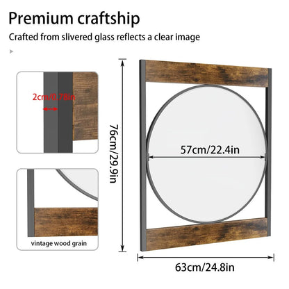 Wall Mirror Industrial Retro Round Accent Mirror with Square Wood Frame for Living Room/Bathroom, Entryway Wall Decor