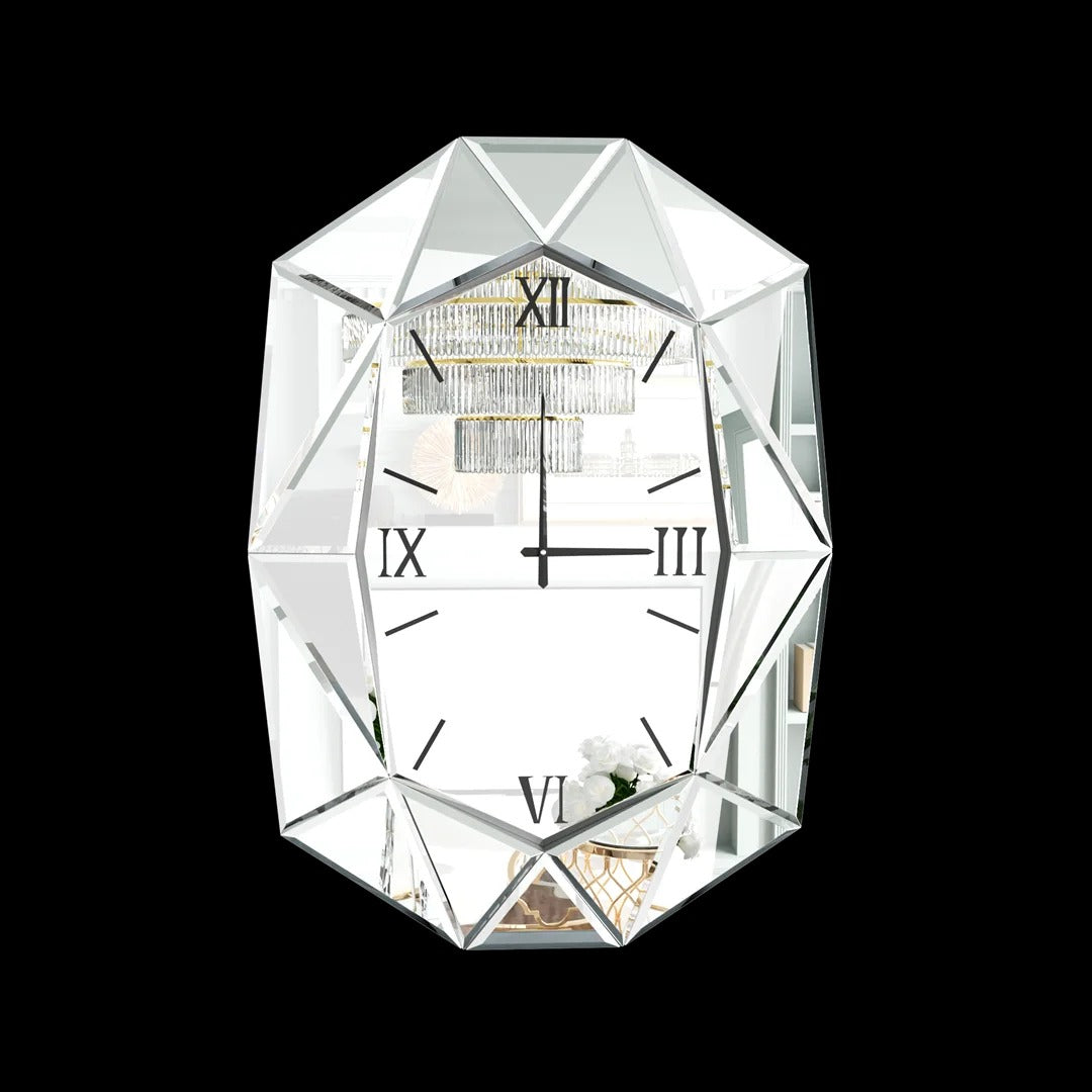 3D Beveled Diamond Wall Mirror with Clock, Hanging Clock