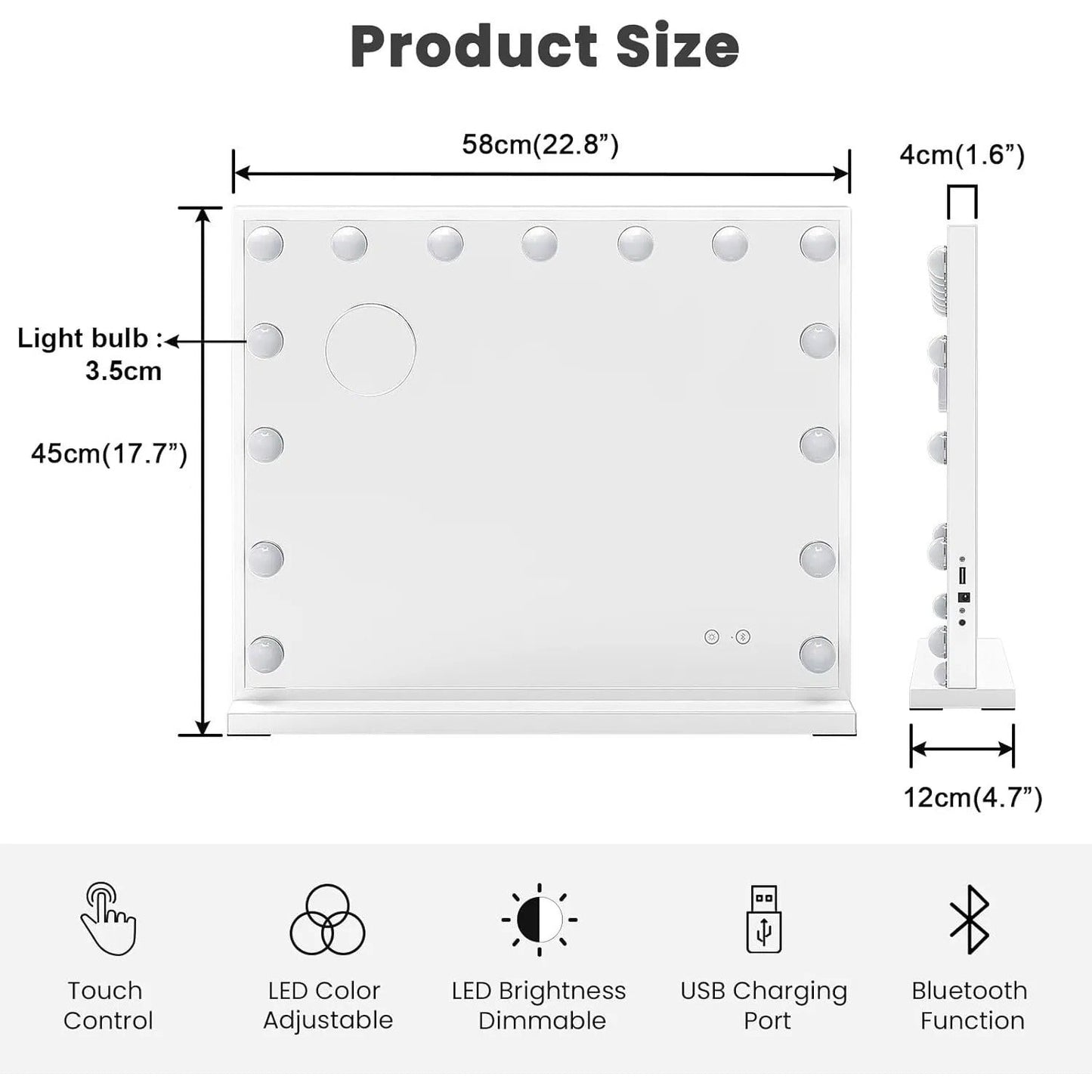 Bluetooth Speaker Hollywood Vanity Mirror with Lights – 58×45cm Large LED Makeup Mirror, 15 Dimmable Bulbs, 3 Color Modes & USB Port