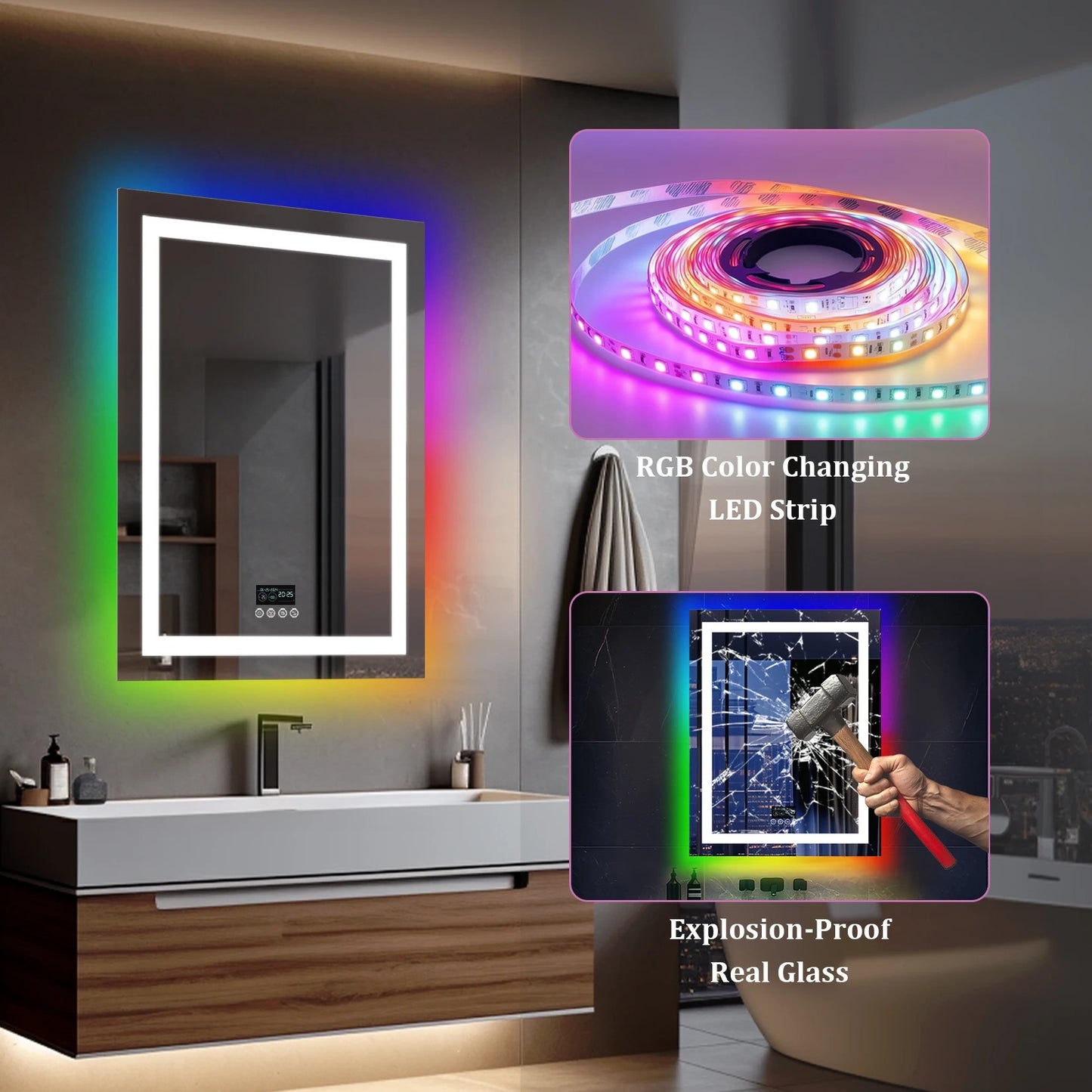 Rectangle Multiple Size Glitzy RGB，Smart LED mirror With Bluetooth Speakers，Double Light LED Bathroom Mirror ，Anti-Fog