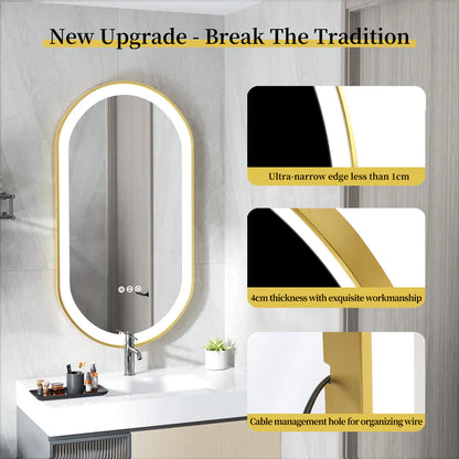 Oval Gold Aluminum Frame Frontlit LED Smart Bathroom Illumination Mirror, Wall Mounted, Anti-Fog