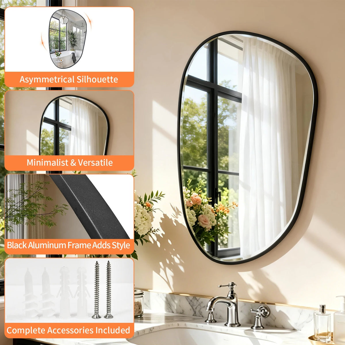 Black Asymmetrical Wall Mirror with Tempered Glass – 54.5 × 85.5 cm