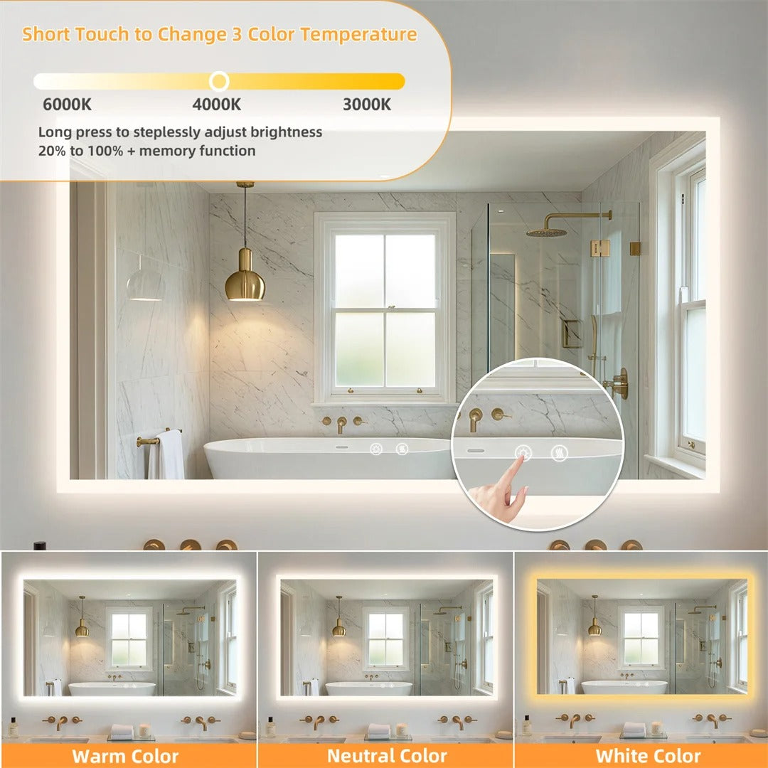 Rectangular Backlit Bathroom Mirror with Anti-Fog - three light settings and reflection detail