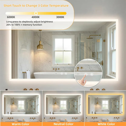 Rectangular Backlit Bathroom Mirror with Anti-Fog - three light settings and reflection detail