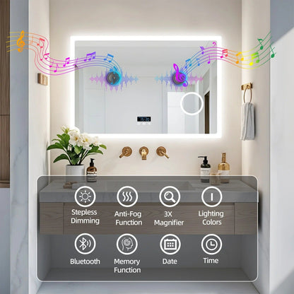 Rectangle Bluetooth LED Bathroom Mirror – Anti-Fog Large Vanity Mirror with 3X Magnifier, Dimmable Touch Light, Date & Time Display