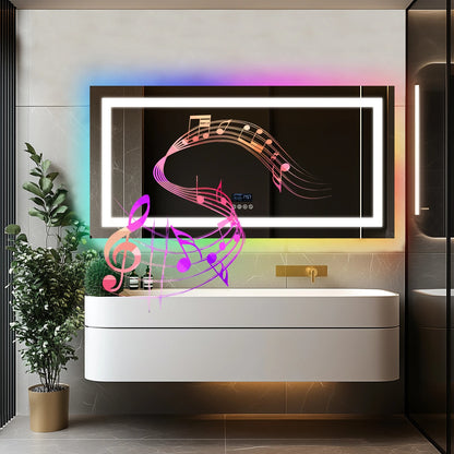 Rectangle Multiple Size Glitzy RGB，Smart LED mirror With Bluetooth Speakers，Double Light LED Bathroom Mirror ，Anti-Fog