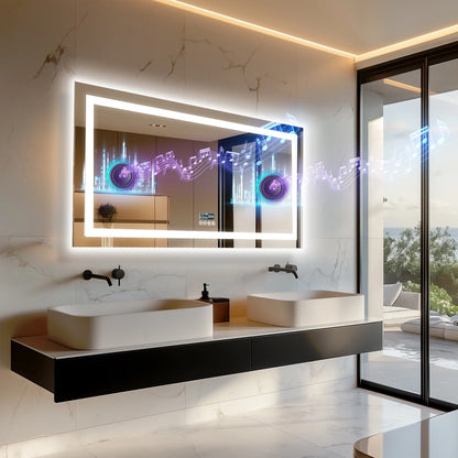 New Generation Smart Bathroom Mirror, Extra Large Rectangle Vanity Mirror with Dual Lights, Anti-Fog, Bluetooth Speakers, 3 Colors Temperature & Dimmable