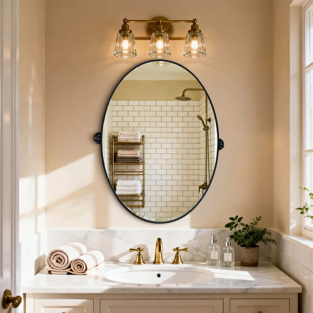 Black Oval Pivot Bathroom Mirror with Adjustable Tilt – 50 × 70 cm