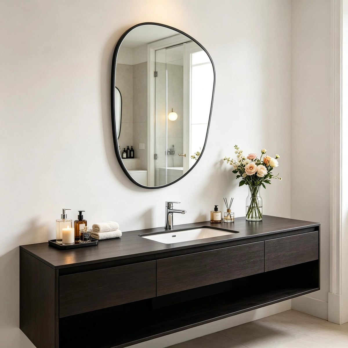Black Asymmetrical Wall Mirror with Tempered Glass – 54.5 × 85.5 cm