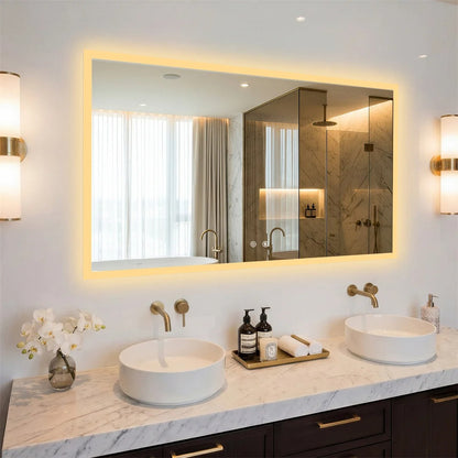 Rectangular Backlit Bathroom Mirror with Anti-Fog - warm illumination above a double basin