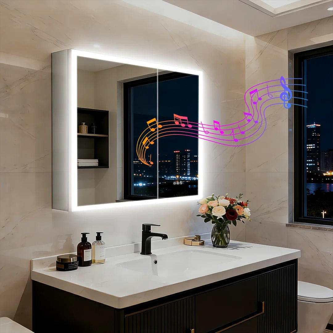 Luxury LED Mirror Cabinet with Dual Bluetooth Speakers & Anti-Fog - Bluetooth mirror cabinet above a double vanity