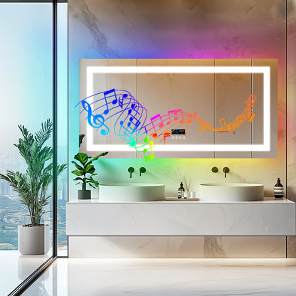 Rectangle Multiple Size Glitzy RGB，Smart LED mirror With Bluetooth Speakers，Double Light LED Bathroom Mirror ，Anti-Fog