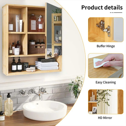 Bamboo Bathroom Mirror Cabinet with Adjustable Shelves – 55.5 × 61 cm