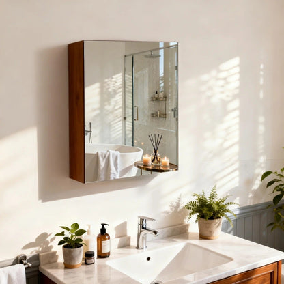 Walnut-Effect Bathroom Mirror Cabinet with Sensor Light – 4 Sizes