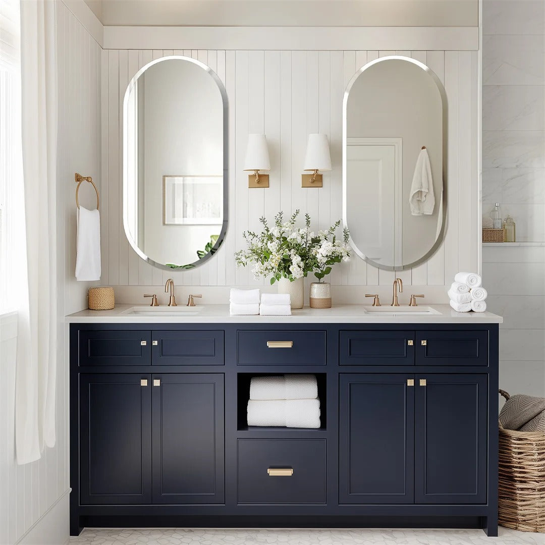 Frameless Long Oval Bathroom Vanity Mirror – Silver Glass Wall Mirror with Beveled Edge for Bathroom & Entryway