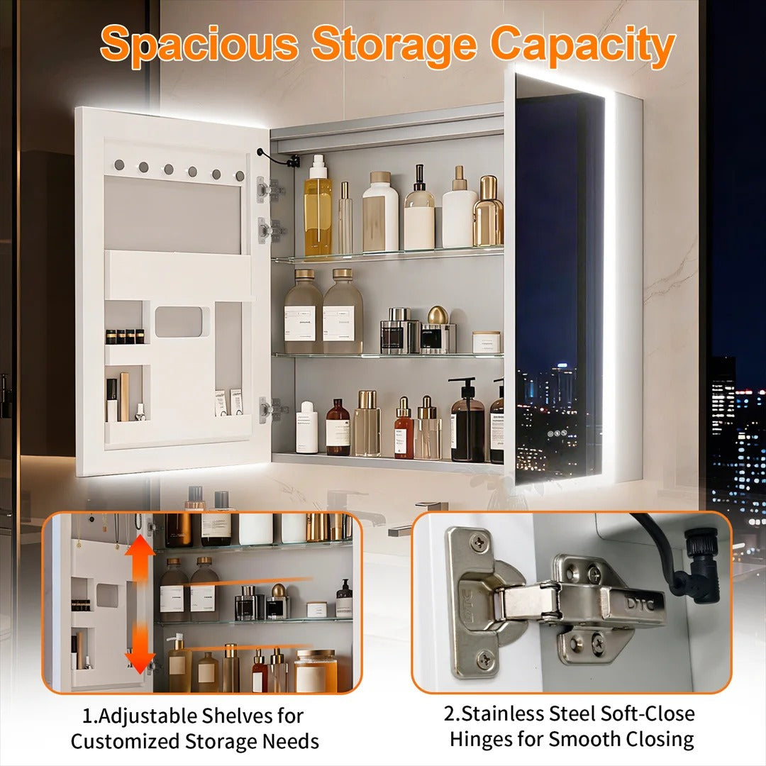Luxury LED Mirror Cabinet with Dual Bluetooth Speakers & Anti-Fog - adjustable shelves and hinge details