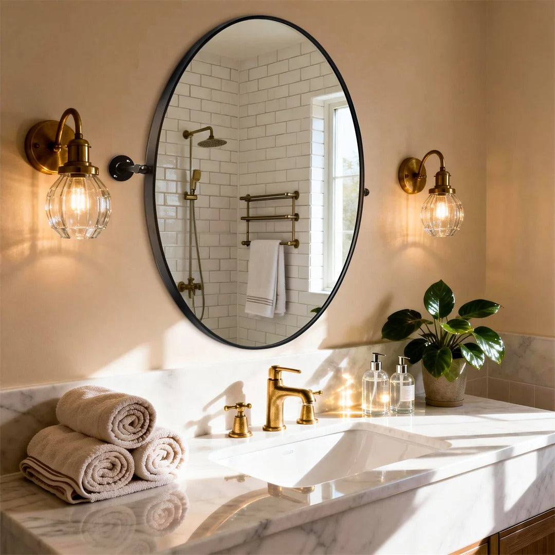 Black Oval Pivot Bathroom Mirror with Adjustable Tilt – 50 × 70 cm