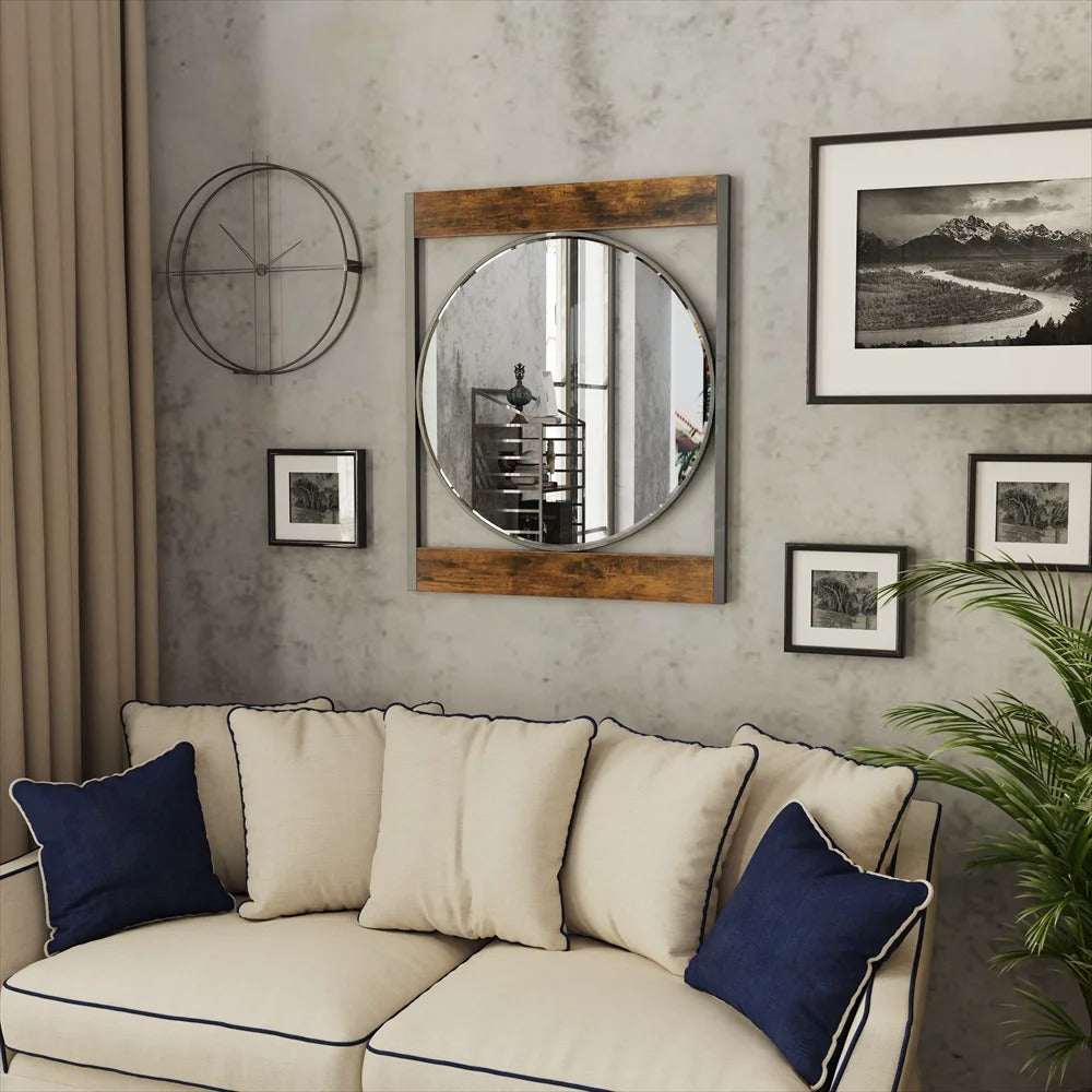 Wall Mirror Industrial Retro Round Accent Mirror with Square Wood Frame for Living Room/Bathroom, Entryway Wall Decor