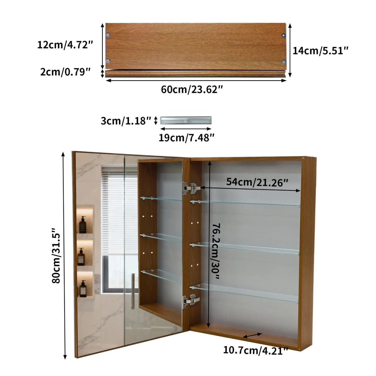 Walnut-Effect Bathroom Mirror Cabinet with Sensor Light – 4 Sizes