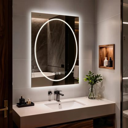 Frameless Double LED Lighted Bathroom Mirror, Rectangle & Round Tempered Glass Frontlit and Backlit Antifog