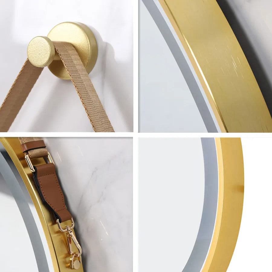 Detachable Rope Golden Frame Round Front Light LED Smart Bathroom Illumination Mirror, Wall Mounted, Anti-Fog