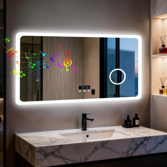 Rectangle Bluetooth LED Bathroom Mirror – Anti-Fog Large Vanity Mirror with 3X Magnifier, Dimmable Touch Light, Date & Time Display