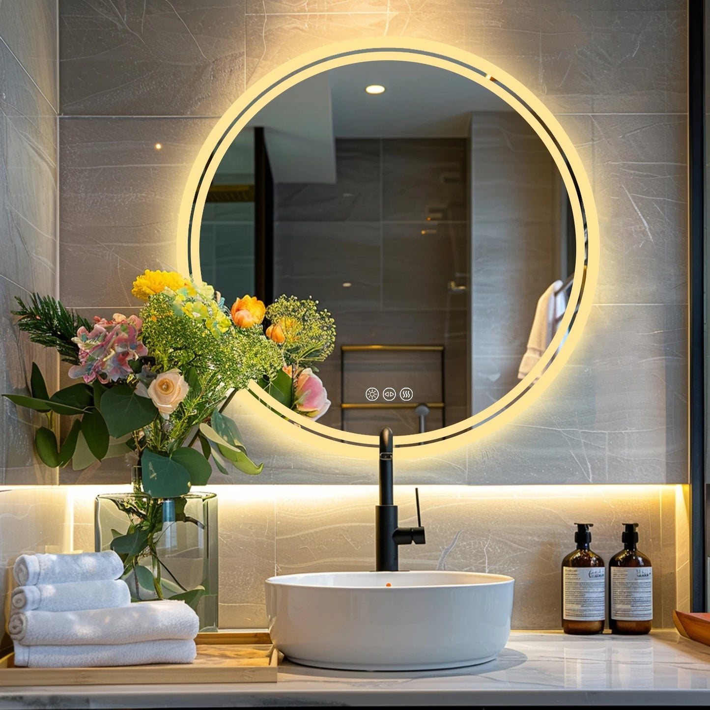 Round Double Lights LED Bathroom Smart Make up Mirror Dimmable, Anti-Fog Circle Wall Mounted Mirror