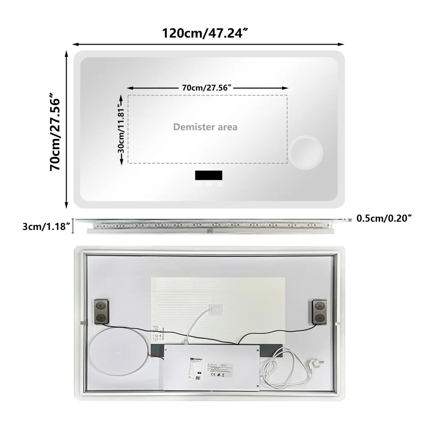 Rectangle Bluetooth LED Bathroom Mirror – Anti-Fog Large Vanity Mirror with 3X Magnifier, Dimmable Touch Light, Date & Time Display