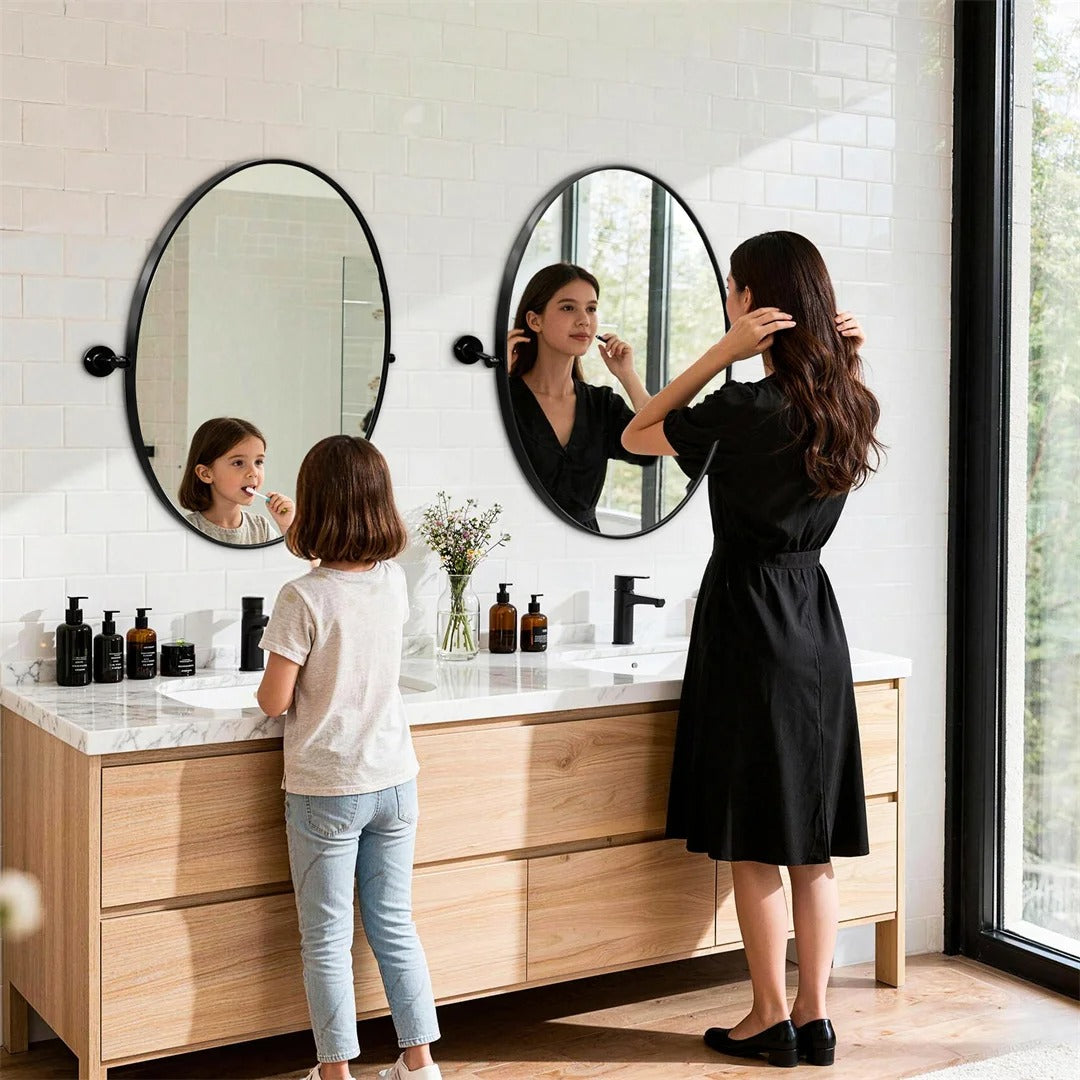 Black Oval Pivot Bathroom Mirror with Adjustable Tilt – 50 × 70 cm