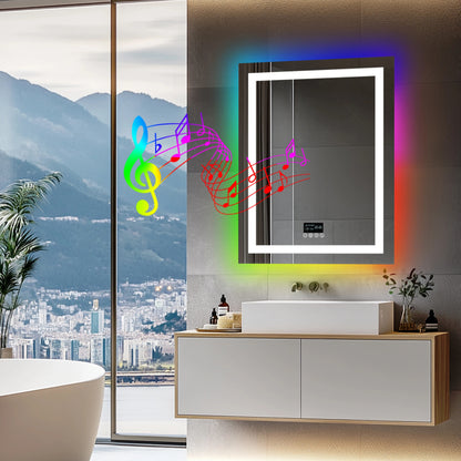 Smart Rectangle Glitzy RGB LED Bathroom Mirror With Bluetooth Speakers, Double Light LED Bathroom Mirror Anti-Fog