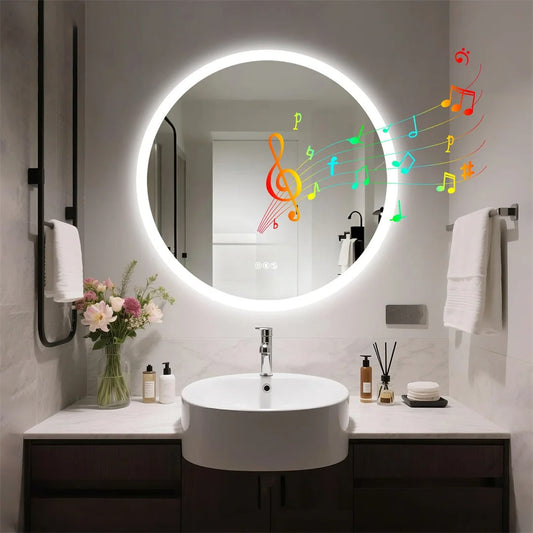 80cm Round LED Bathroom Mirror with Bluetooth Speakers – Wall-Mounted Lighted Vanity Mirror with Anti-Fog Function