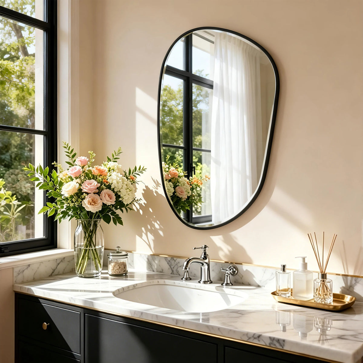 Black Asymmetrical Wall Mirror with Tempered Glass – 54.5 × 85.5 cm