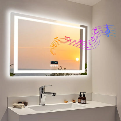 Rectangle Bluetooth Smart Bathroom Mirror  Illuminated Defog with Speakers and Time/Date/Temperature Display