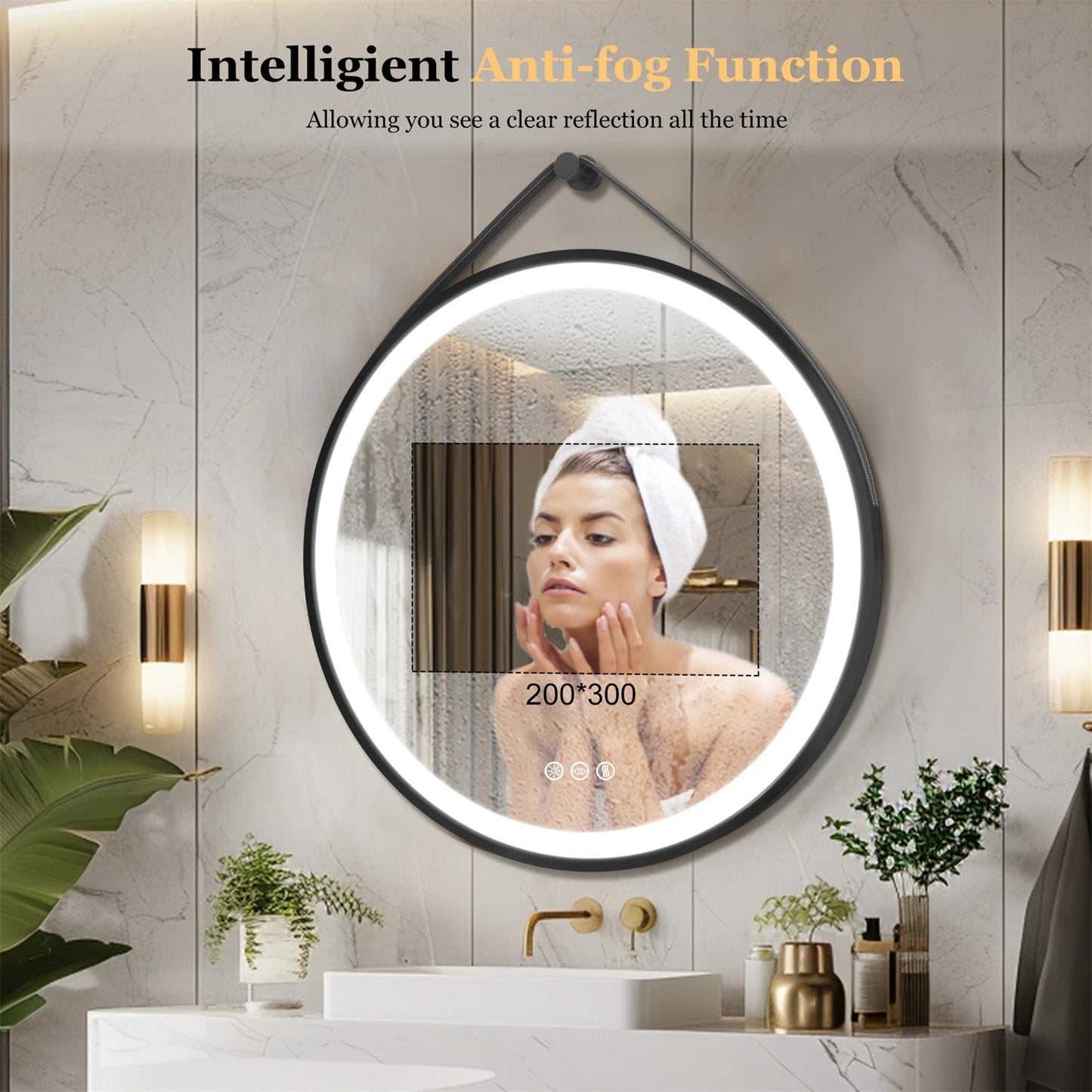 Black Frame with leather rope Round Bathroom Mirror with Front Light,Wall Mounted Lighted Vanity Mirror, Anti-Fog & Dimmable