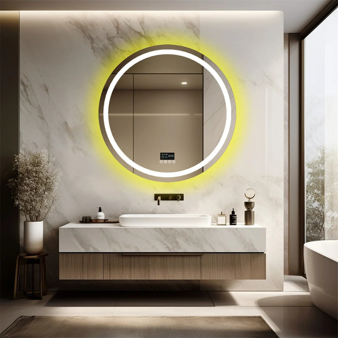 Round Glitzy RGB，Smart LED mirror With Bluetooth Speakers，Double Light LED Bathroom Mirror ，Anti-Fog