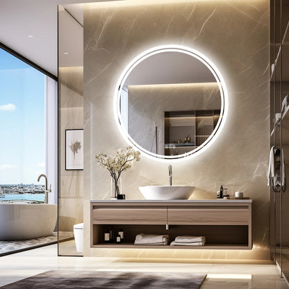 Round Double Lights LED Bathroom Smart Make up Mirror Dimmable, Anti-Fog Circle Wall Mounted Mirror
