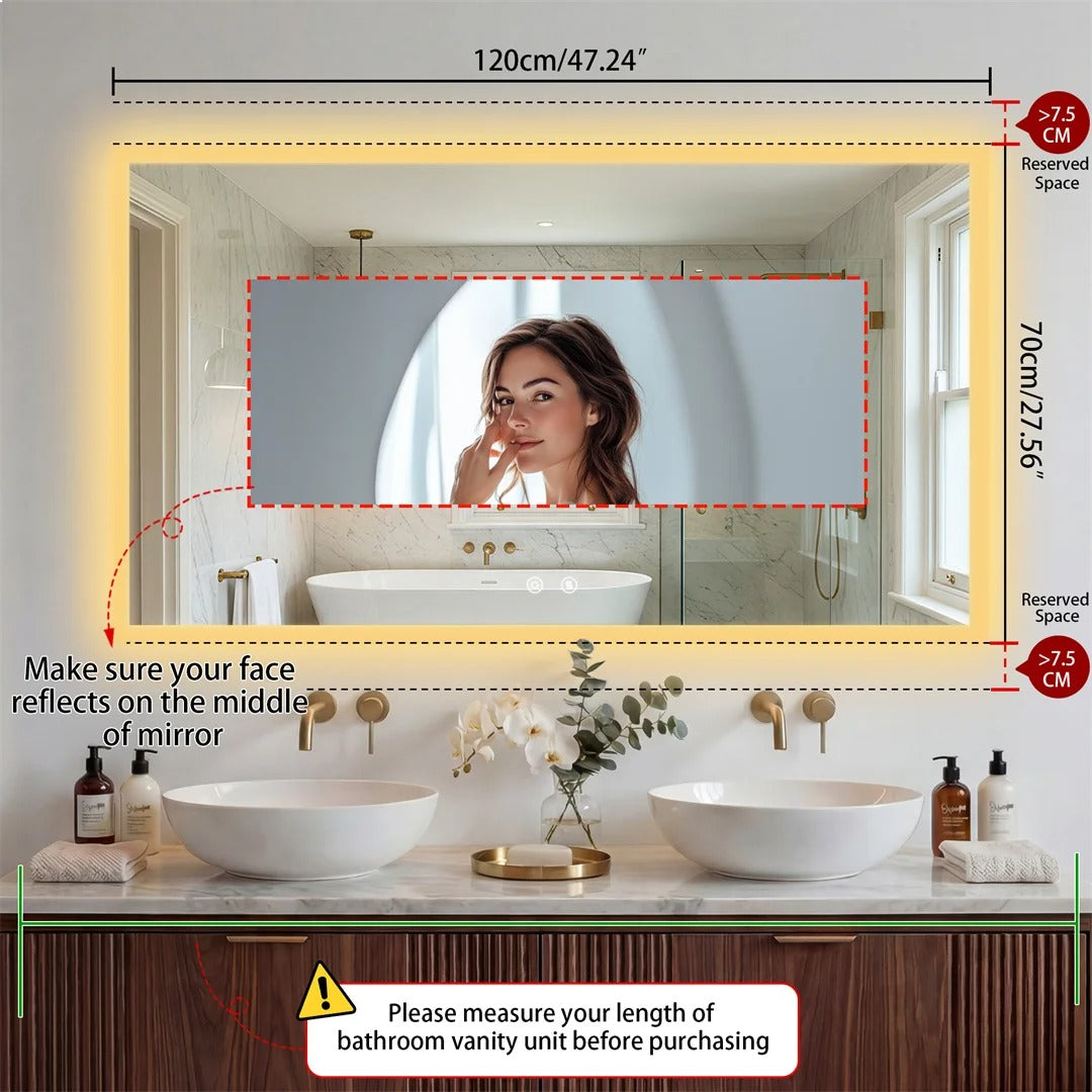 Rectangular Backlit Bathroom Mirror with Anti-Fog - 120cm mirror and demister area guide