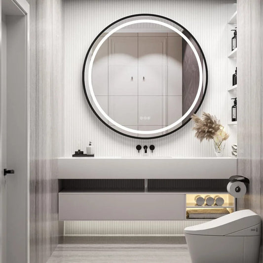 Black Frame Round Mirror,Bathroom Mirror with Front Light,Wall Mounted Lighted Vanity Mirror, Anti-Fog & Dimmable Touch Switch