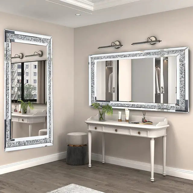 Large Silver Rectangle Crystal Crush Diamond Wall Mirror