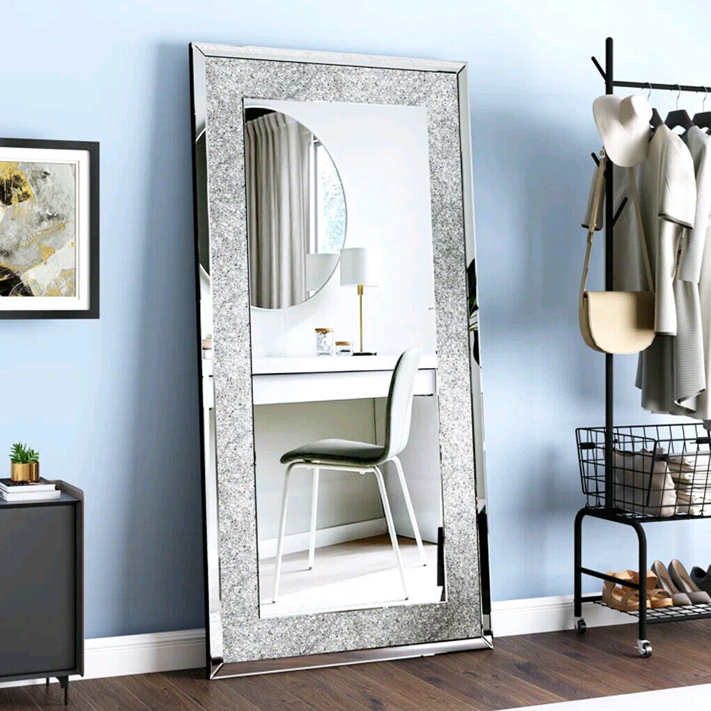 Large Silver Rectangle Crystal Crush Diamond Wall Mirror